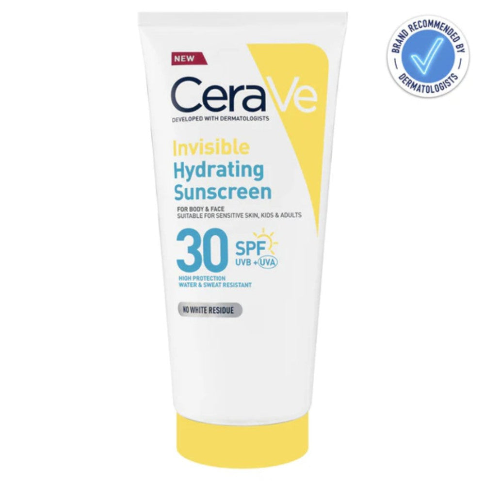 CeraVe Invisible Hydrating Sunscreen tube on a white background