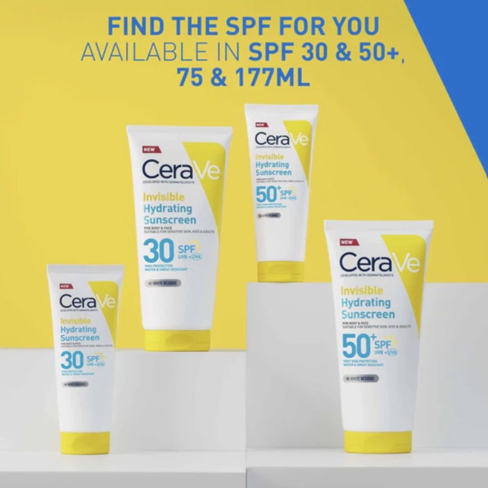 CeraVe sunscreen products with SPF 30 and 50 on a yellow and blue background