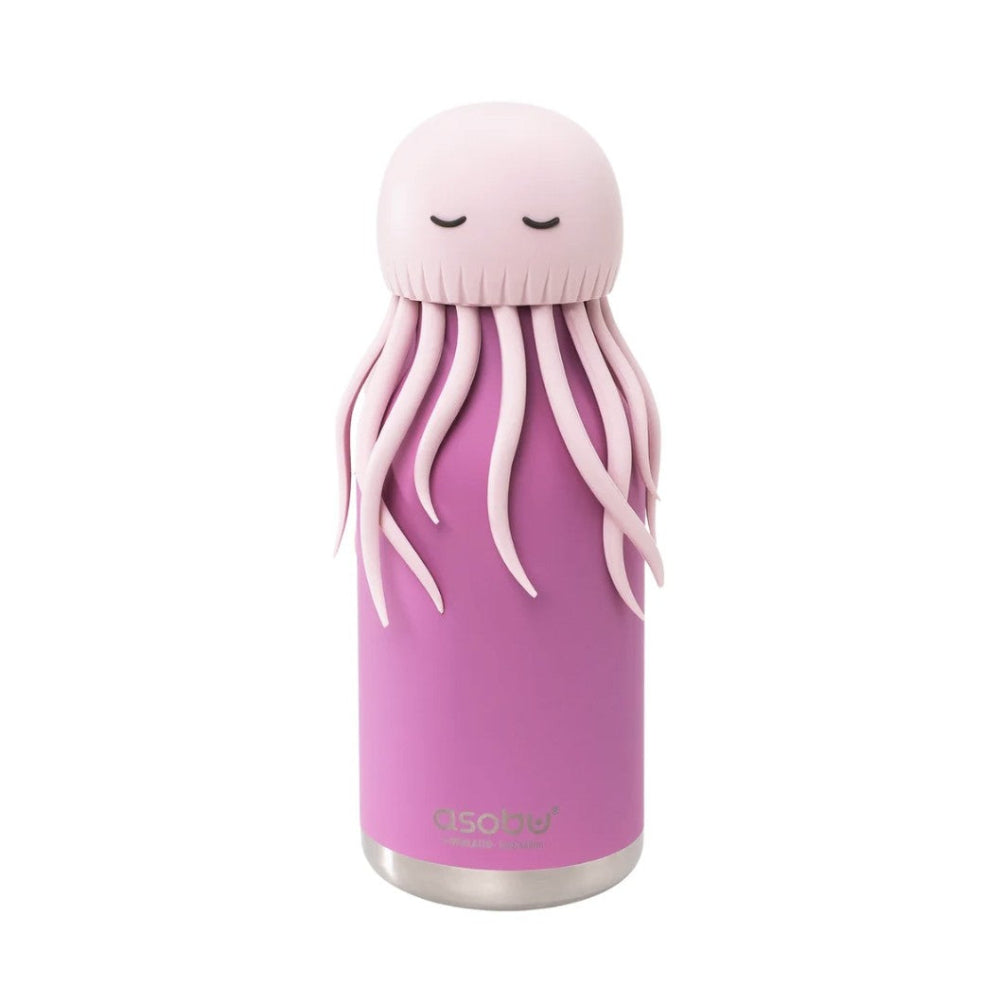 A pink insulated water bottle with a cute octopus lid. The bottle has a matte pink body with a stainless steel base and a lid shaped like a sleeping octopus with a light pink head.