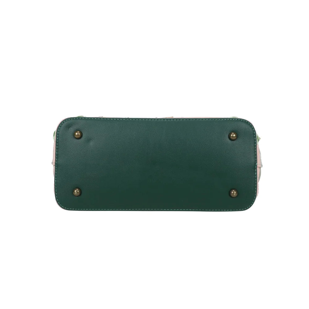 Green leather wallet with gold rivets on a white background