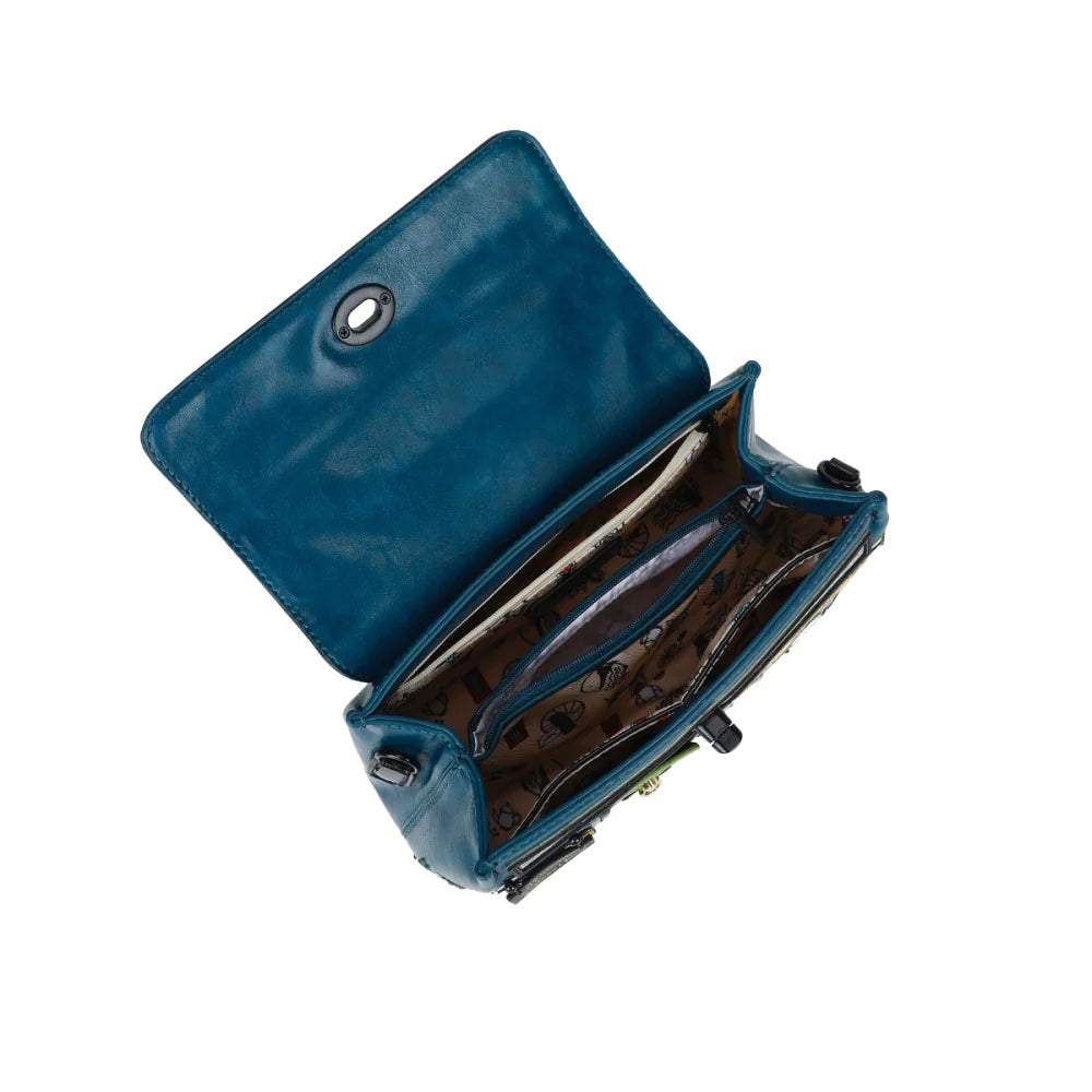 Blue leather wallet open on a white background