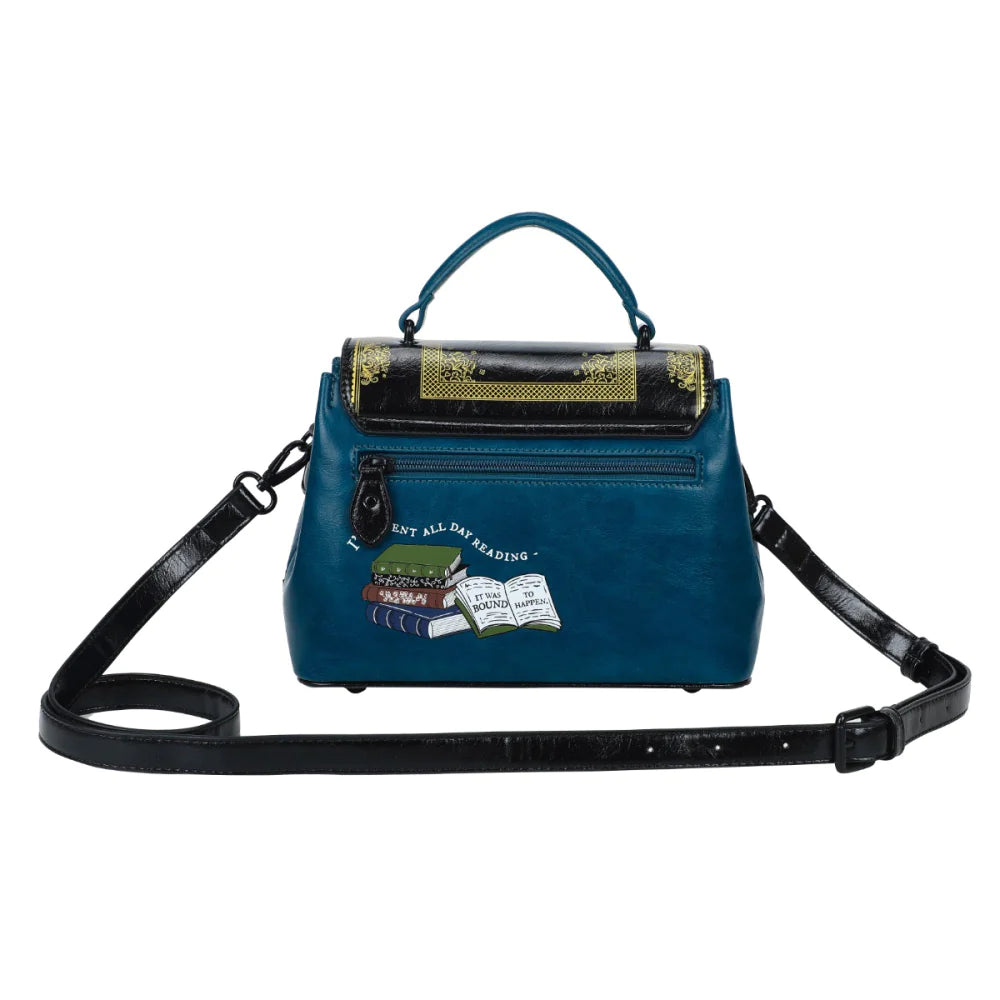 Blue handbag with black strap on a white background