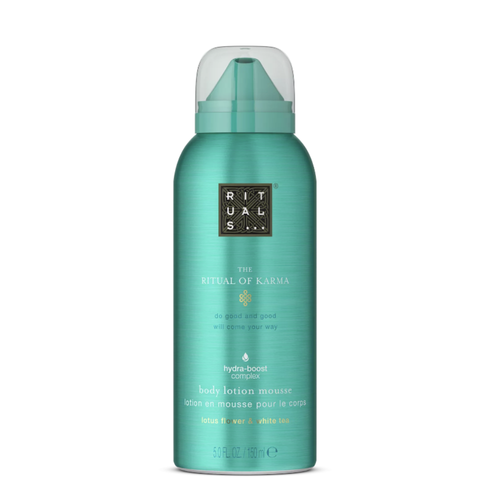 A teal green aerosol can of Rituals 'The Ritual of Karma' body lotion mousse on a clean white background.