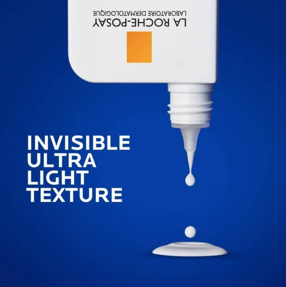 La Roche-Posay product with text 'Invisible Ultra Light Texture' on a blue background