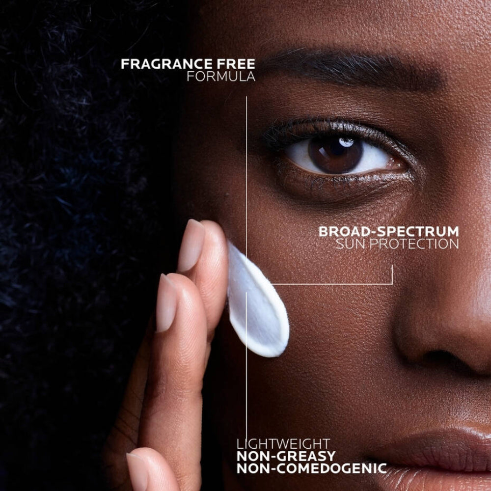 Person applying sunscreen with text highlighting product features