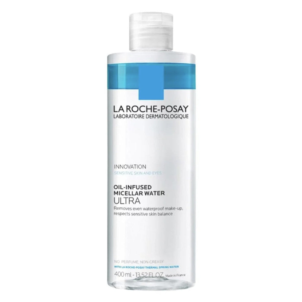 La Roche-Posay oil-infused micellar water bottle on a white background