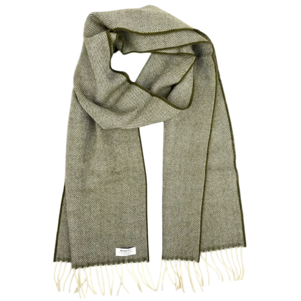 A herringbone patterned scarf in olive green and beige, featuring cream fringe.