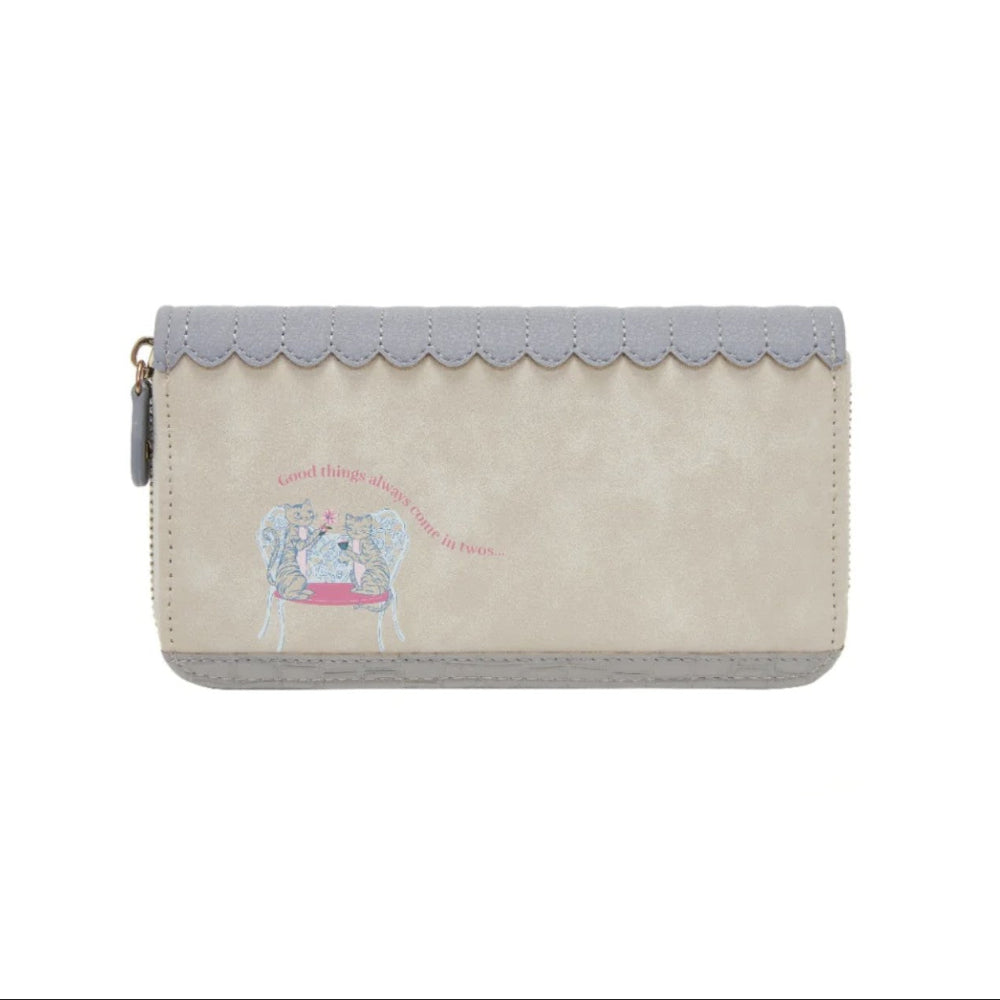 Beige wallet with gray top and decorative design on a white background