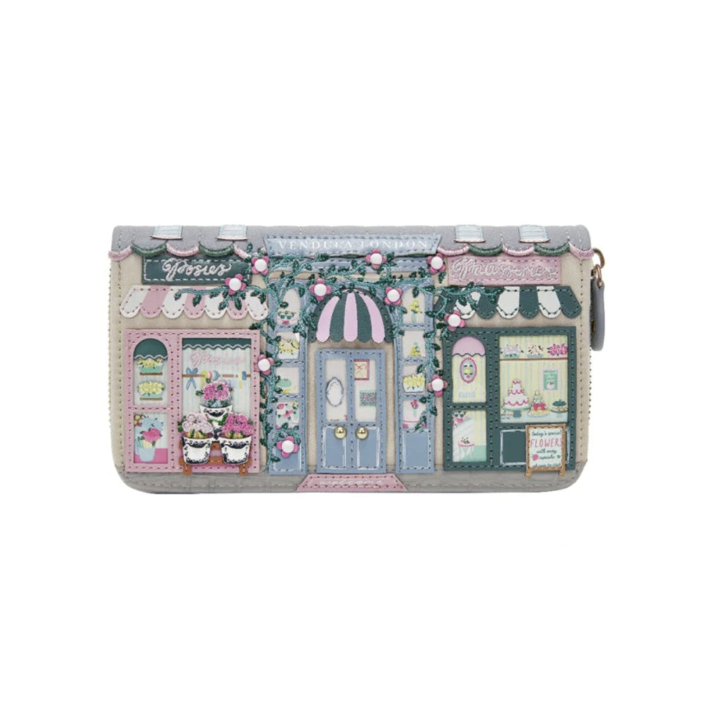 Wallet with a design of a quaint shop front on a white background