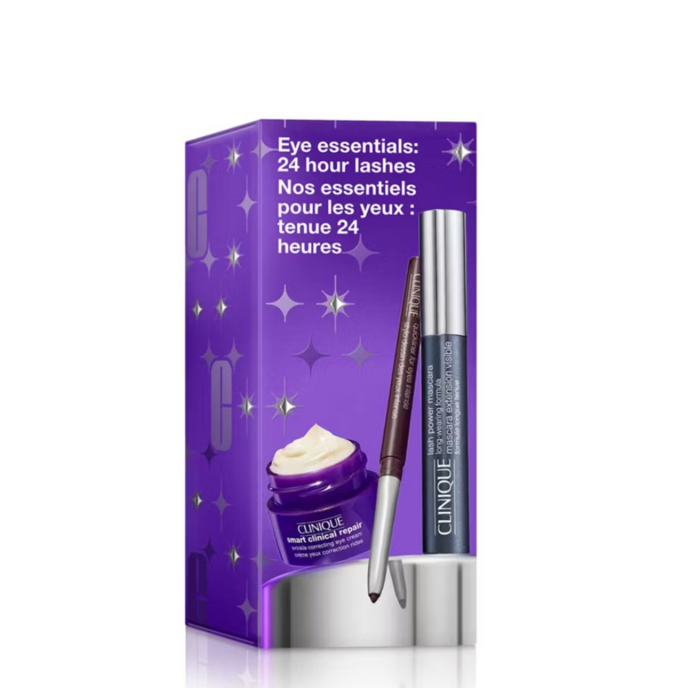 Clinique eye care product set with purple packaging on a white background