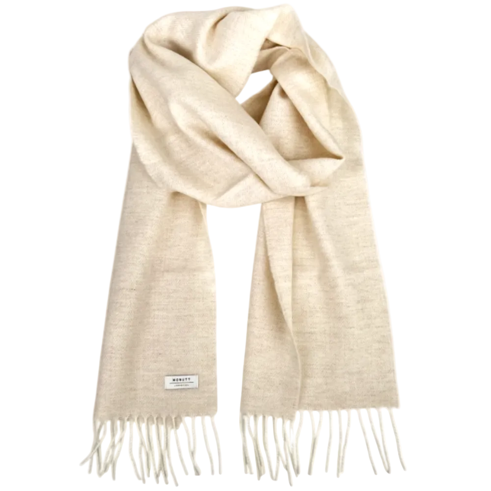 A cream-colored woven scarf with fringed ends, neatly draped and looped in the center.