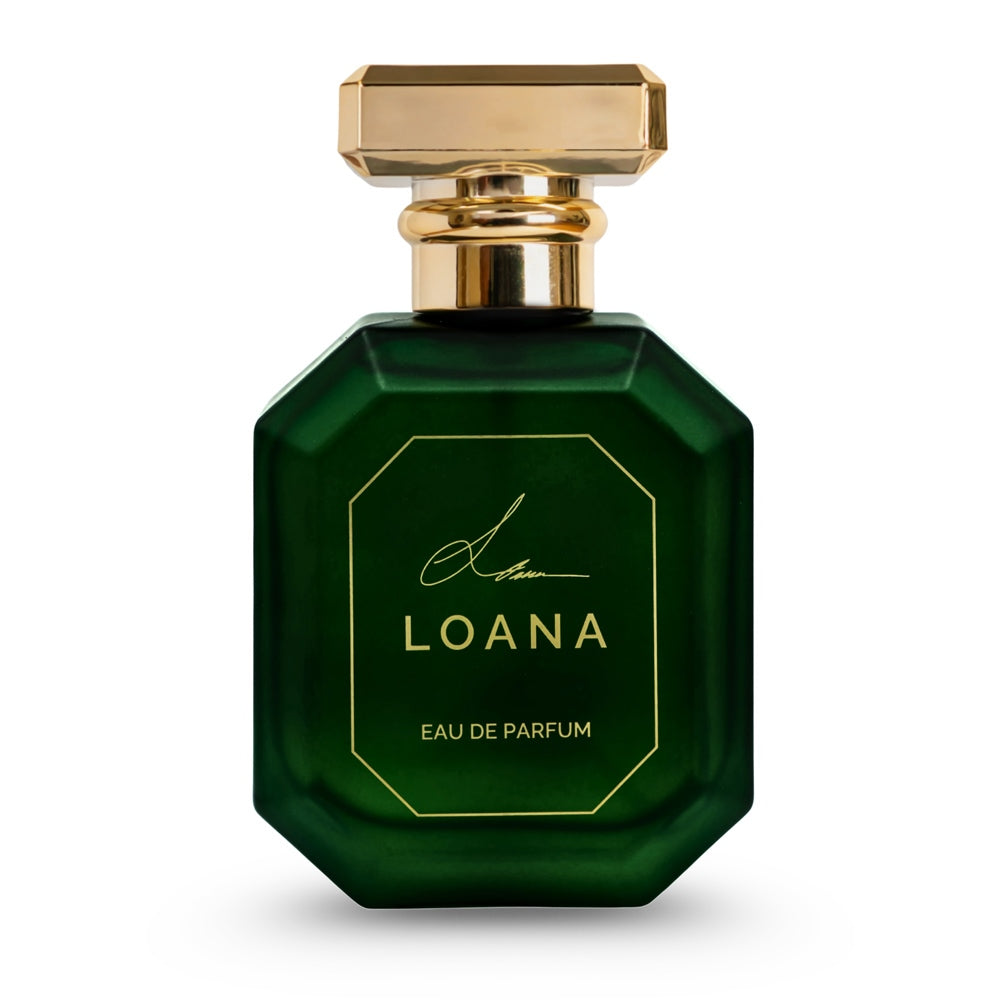 Green perfume bottle with gold cap on a white background