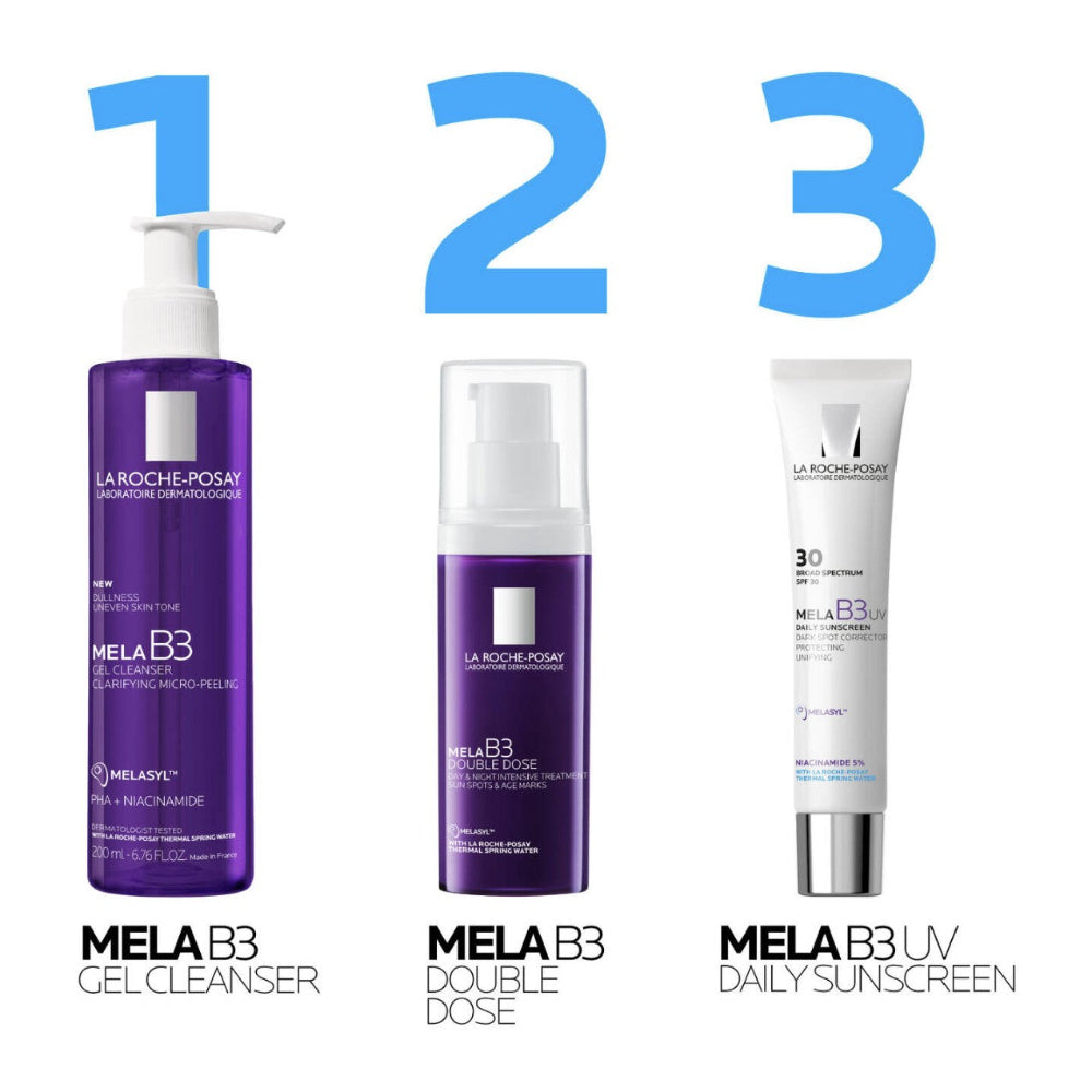 Three La Roche-Posay MELA B3 skincare products on a white background with blue numbers.