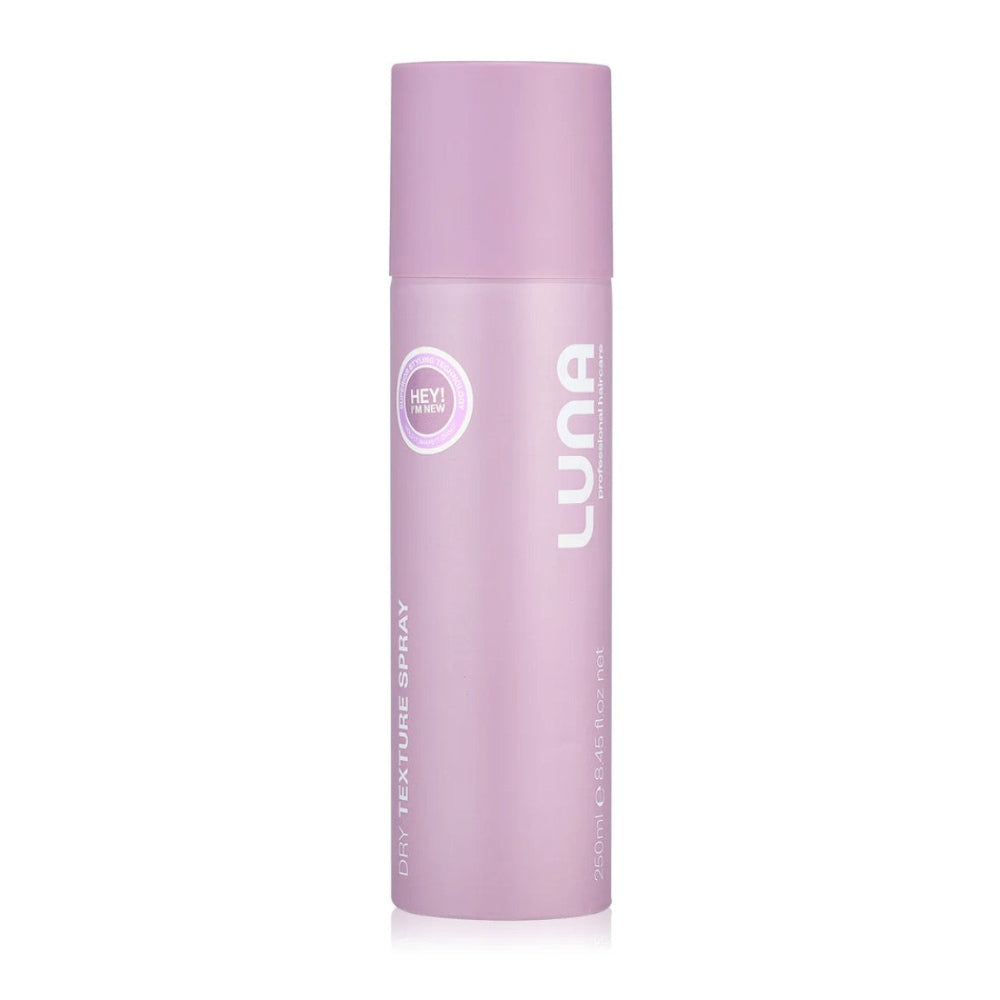 Pink bottle of LUNA hair spray on a white background