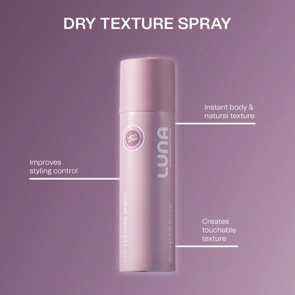 Luna dry texture spray bottle on a purple background with text highlighting features.
