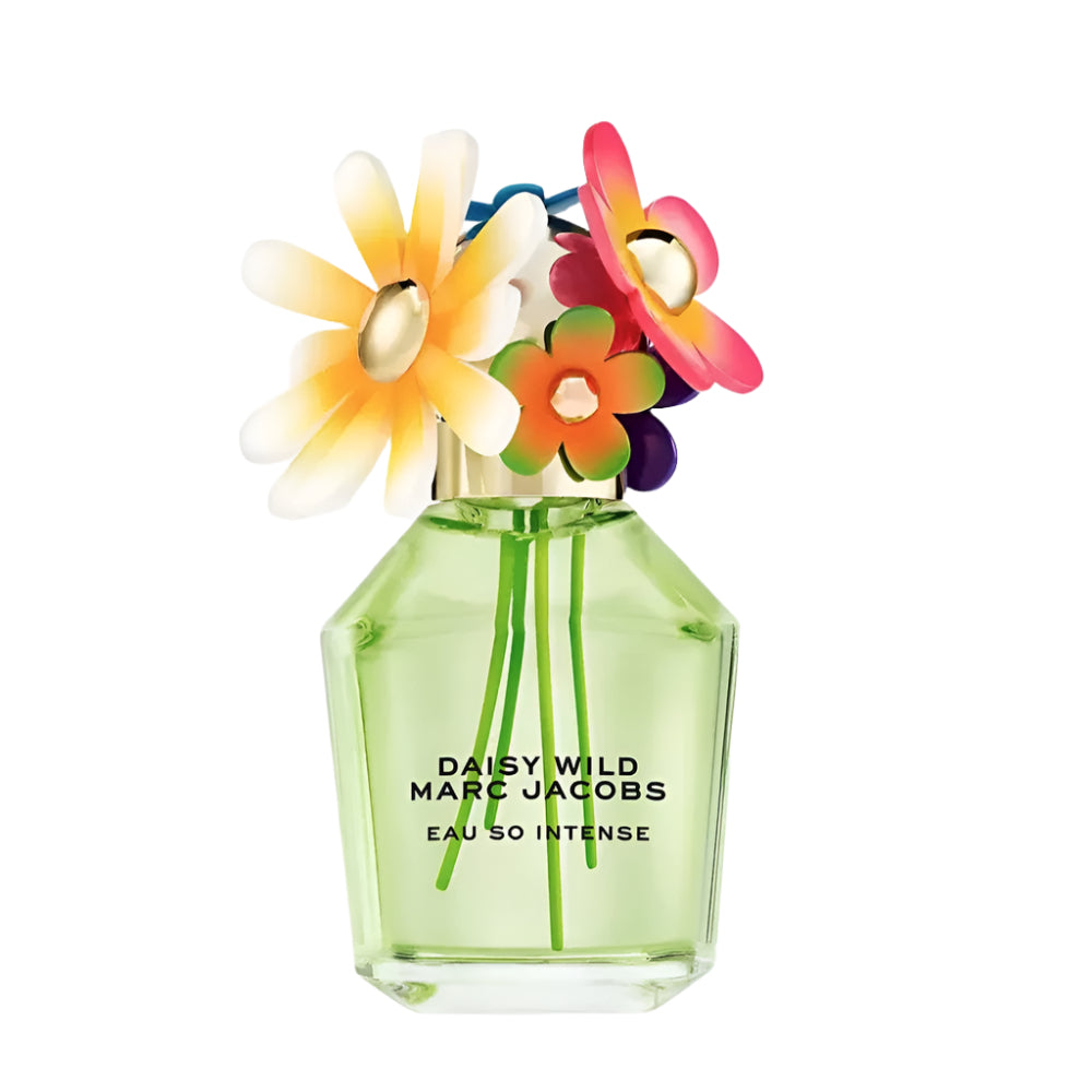 Marc Jacobs Daisy Wild Eau So Intense perfume bottle with colorful flowers on a white background