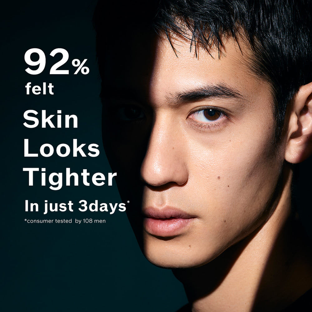 Close-up of a man's face with text about skin tightening effects.