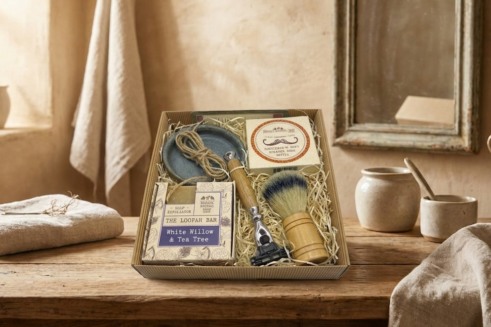 Set of grooming tools in a box on a wooden table with a rustic bathroom setting.