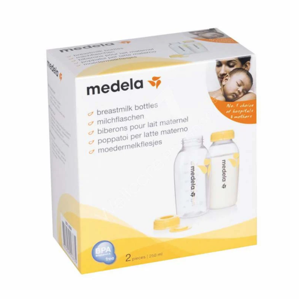 Medela breastmilk bottles packaging on a white background