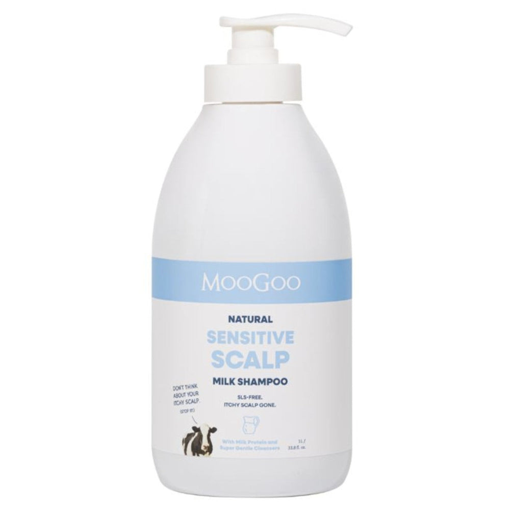A white pump bottle of MooGoo Natural Sensitive Scalp Milk Shampoo 1000ml
