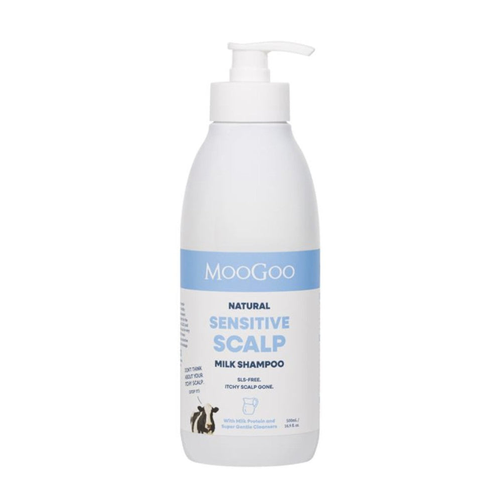 A white bottle of MooGoo Natural Sensitive Scalp Milk Shampoo