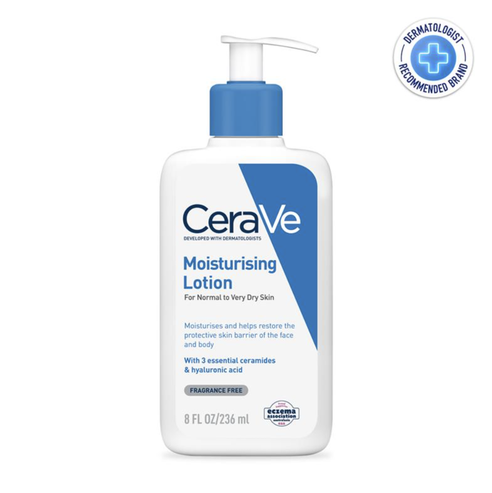 CeraVe Moisturising Lotion in a 8 fl oz pump bottle, shown on a white background with a Dermatologically Recommended Brand badge in the top right corner.