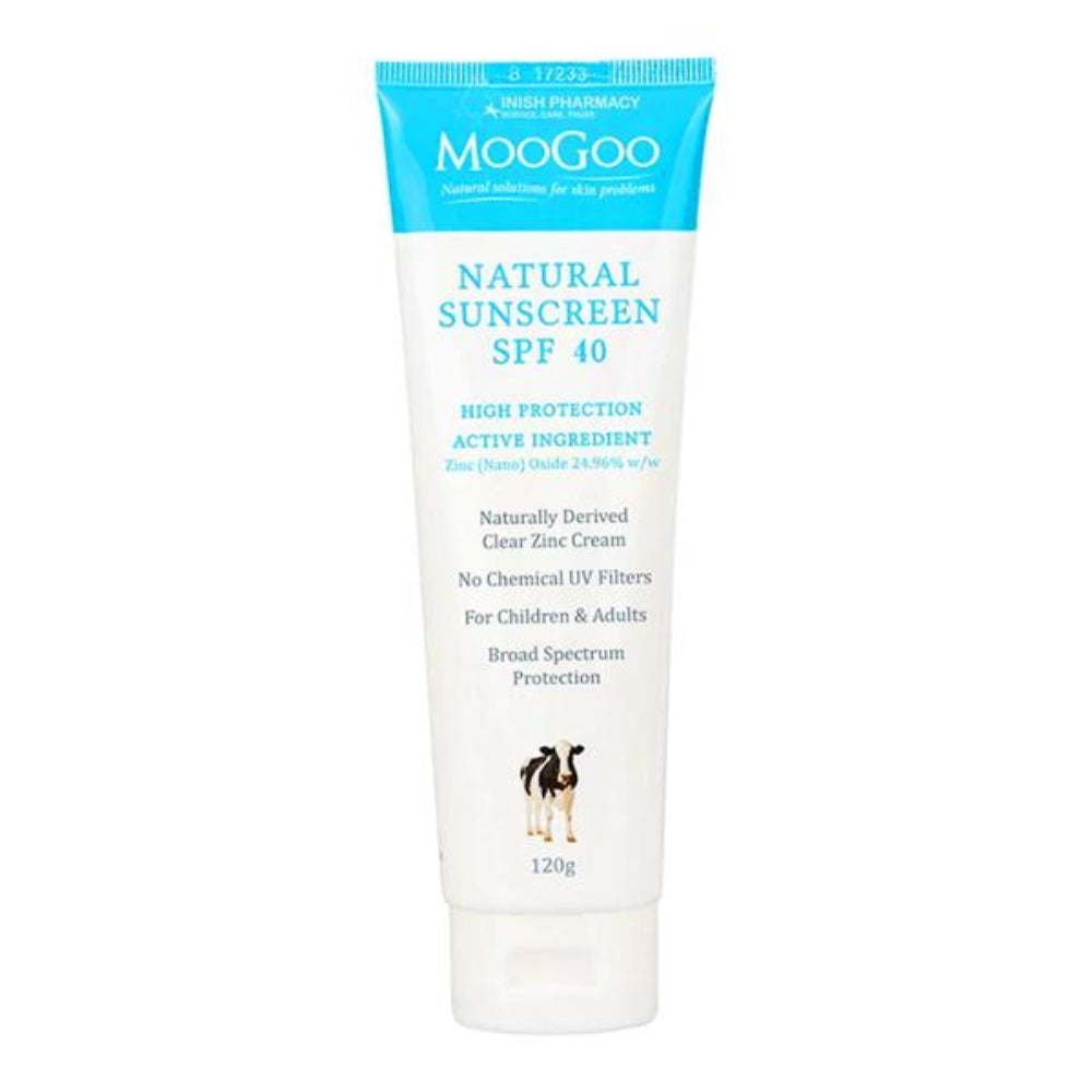 Moogoo Natural Zinc Sunscreen SPF40 in a white tube with blue and green text, highlighting its natural zinc oxide content and broad-spectrum protection.