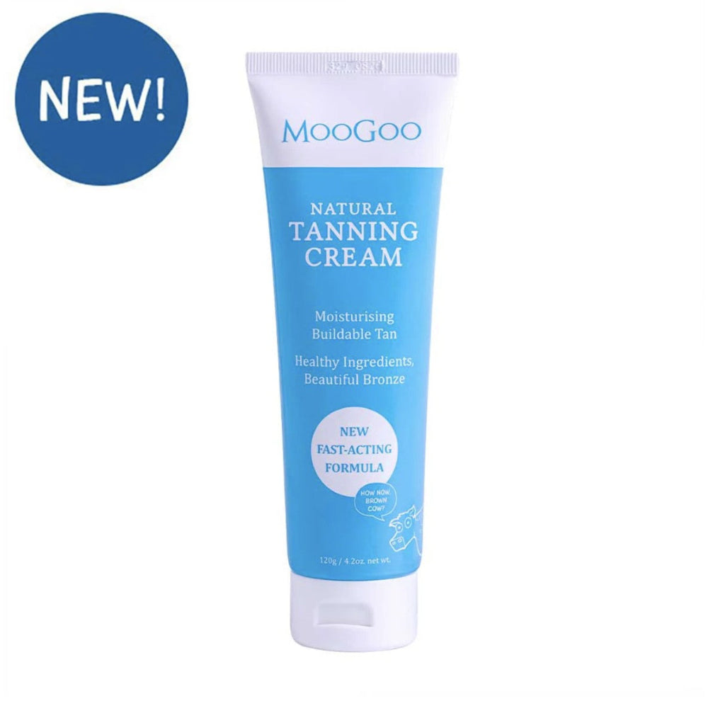 MooGoo Natural Tanning Cream tube on a white background with 'NEW!' label.