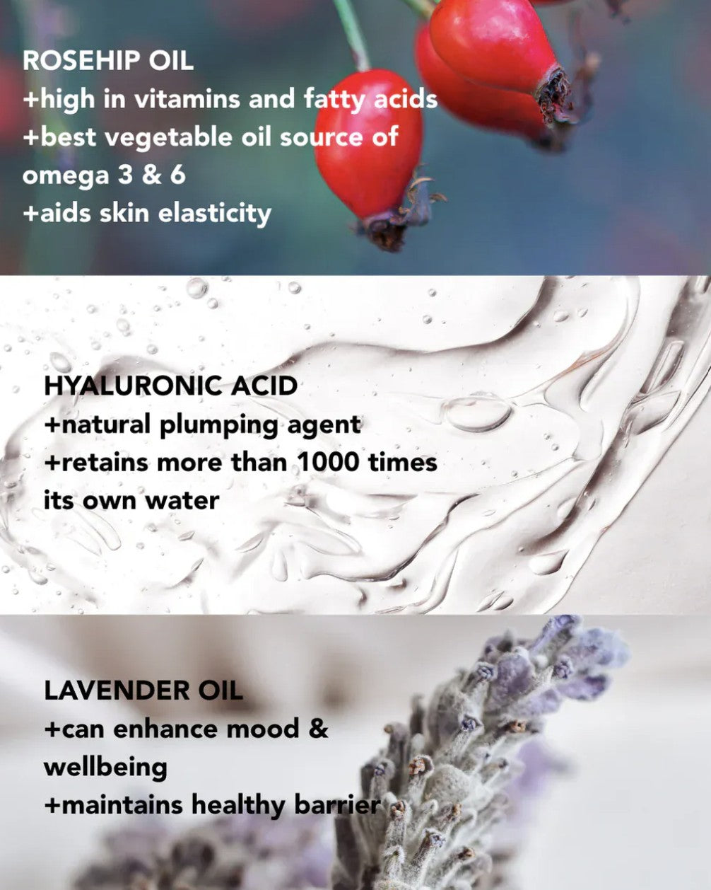 Rosehip oil, hyaluronic acid, and lavender oil with their respective benefits.