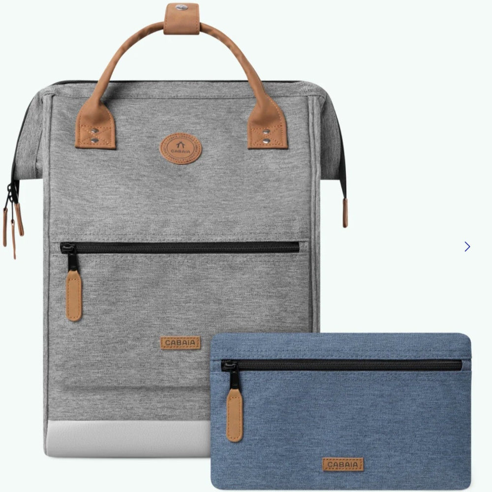 Gray backpack with brown handles and a matching blue pouch on a white background