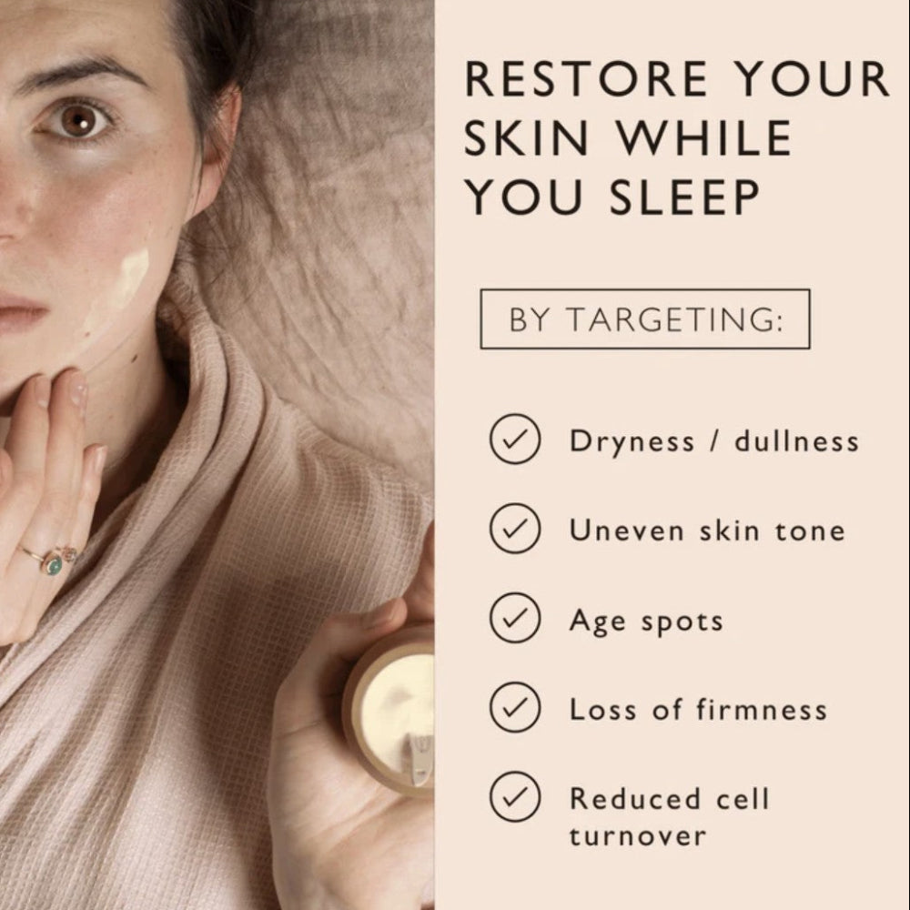 Woman applying cream with text about skin care benefits