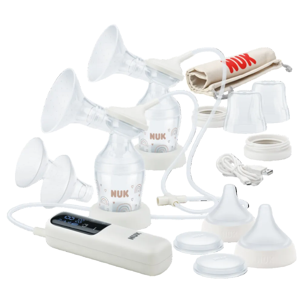 NUK breast pump set with various components on a white background