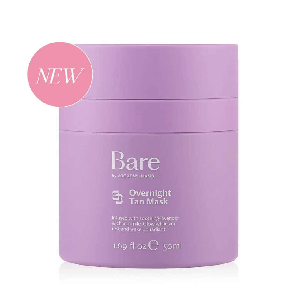 Vogue Williams Bare Overnight Tan Mask on a white background with a pink circular 'NEW' badge overlay.