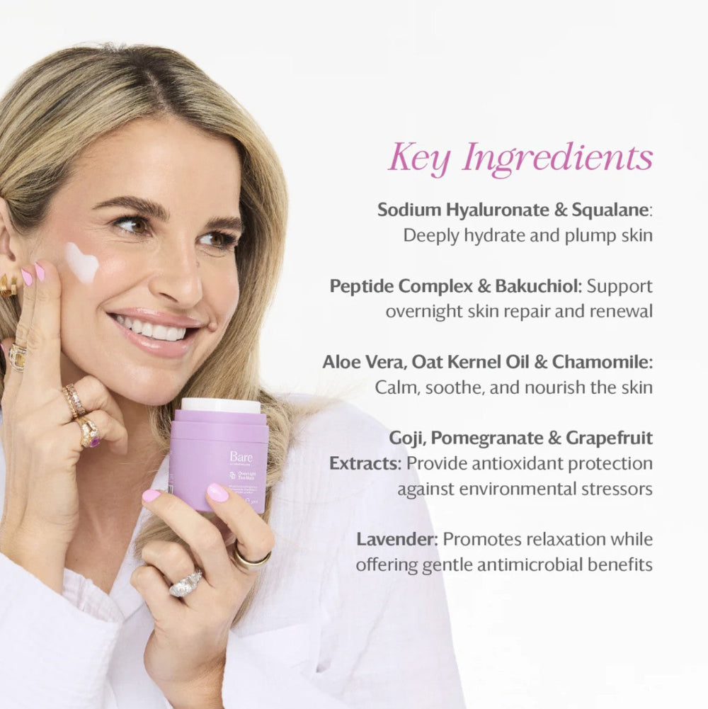 A woman with blonde hair applies cream to her cheek while holding a lavender-colored cosmetic jar. The image includes a text section titled 'Key Ingredients' listing ingredients such as sodium hyaluronate, peptide complex, aloe vera, and lavender on a white background.