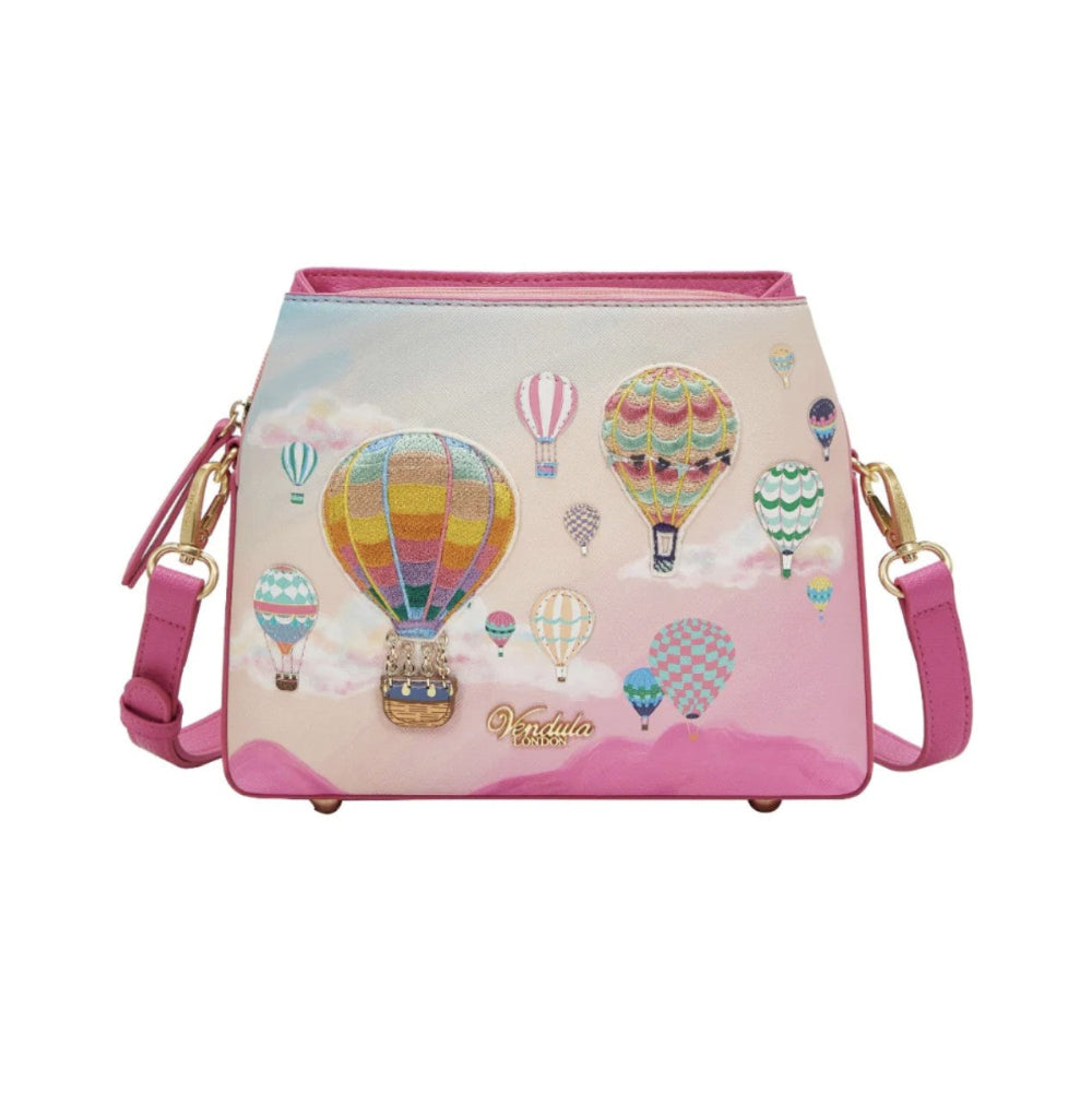 Handbag with colorful hot air balloon design on a white background
