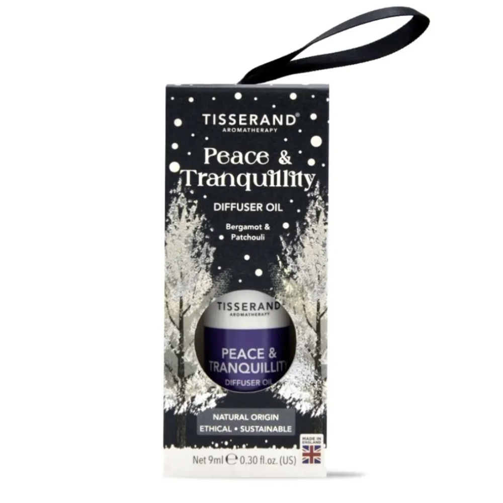 Tisserand Aromatherapy Peace & Tranquility Diffuser Oil, shown in its retail packaging with a black hanging loop on a white background.
