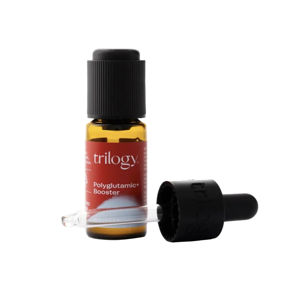 Trilogy Polyglutamic+ Booster with a black cap, shown next to its glass dropper on a light gray background.