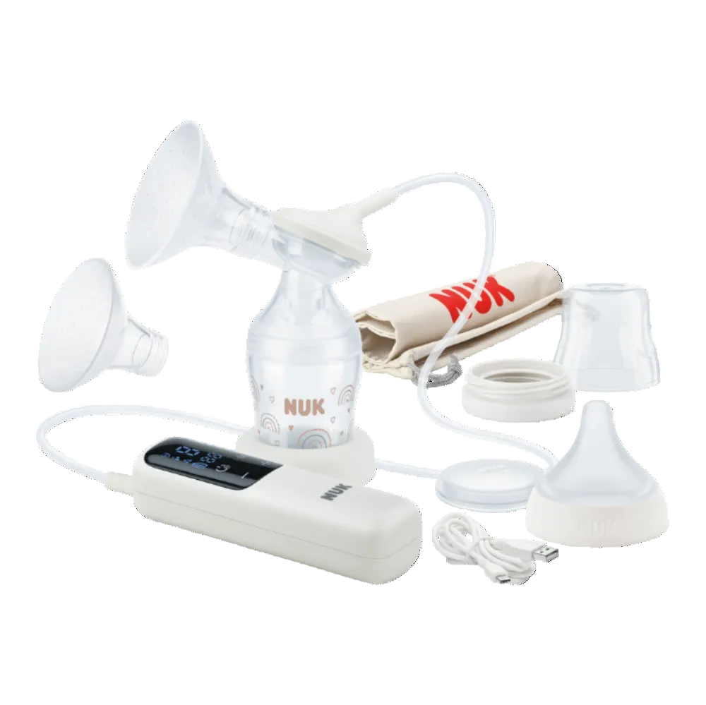 NUK breast pump set with additional parts on a white background