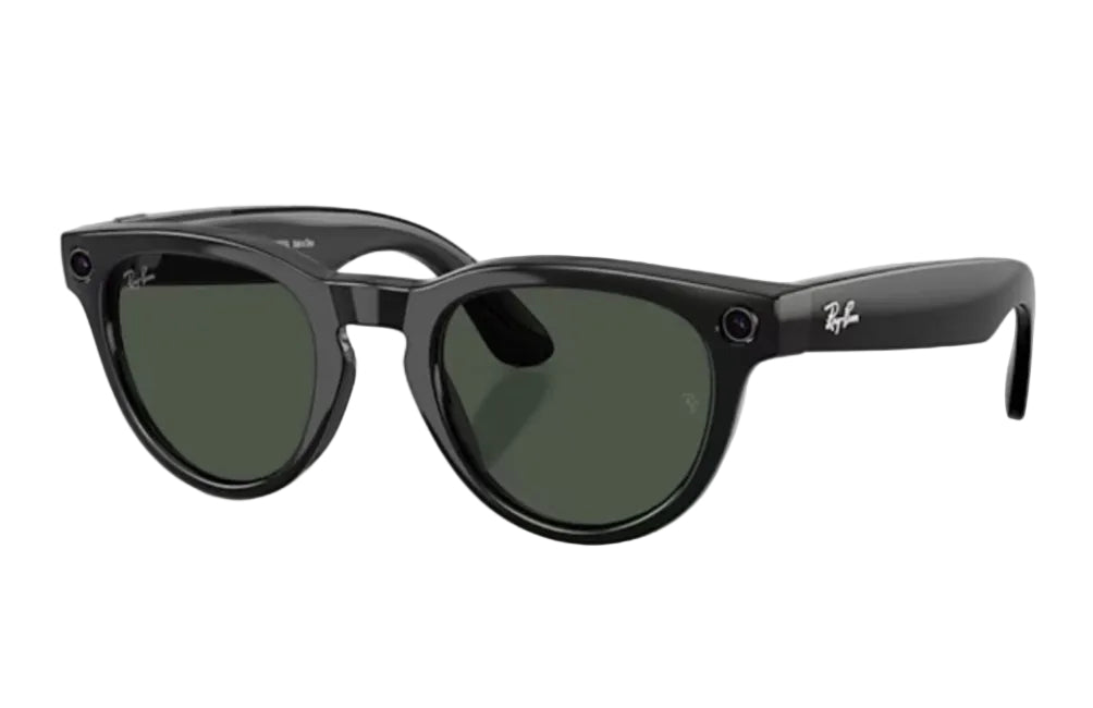 Black sunglasses with green lenses on a white background. 601/1M 50-23mm Clear/Graphite Green Transitions® Lens Shiny Black Frame