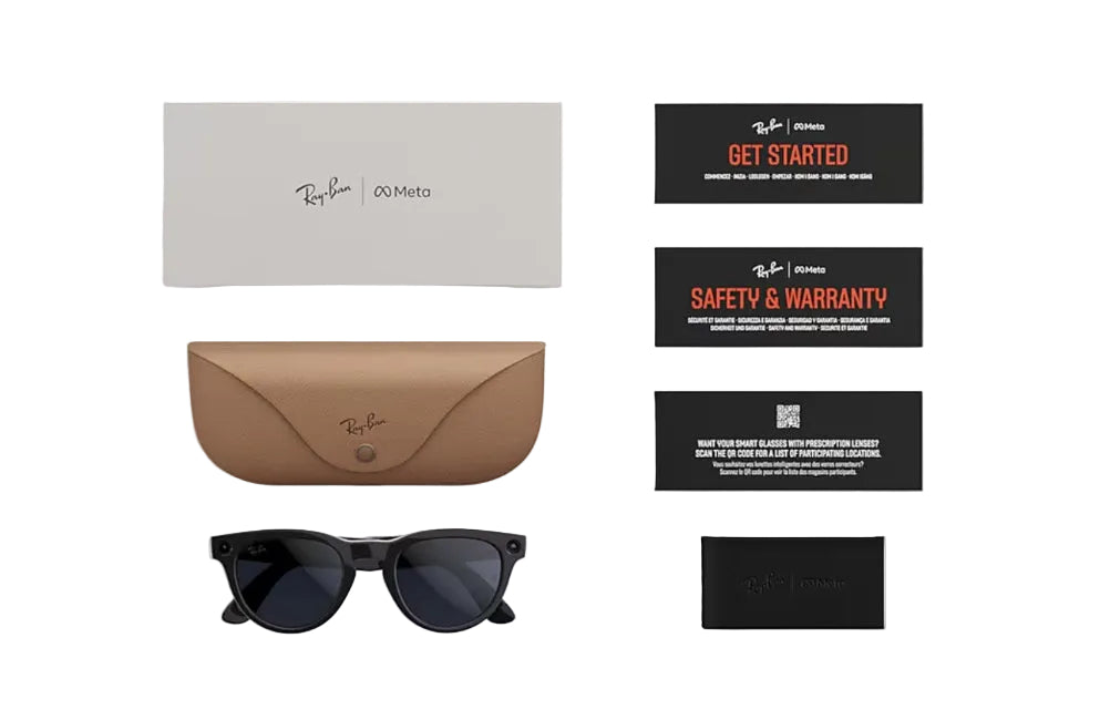 Ray-Ban sunglasses with case and warranty card on a white background