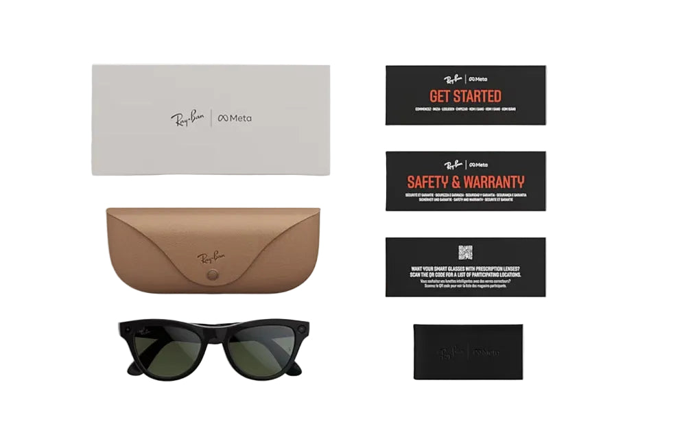 Ray-Ban sunglasses with brown case and branded cards on a white background