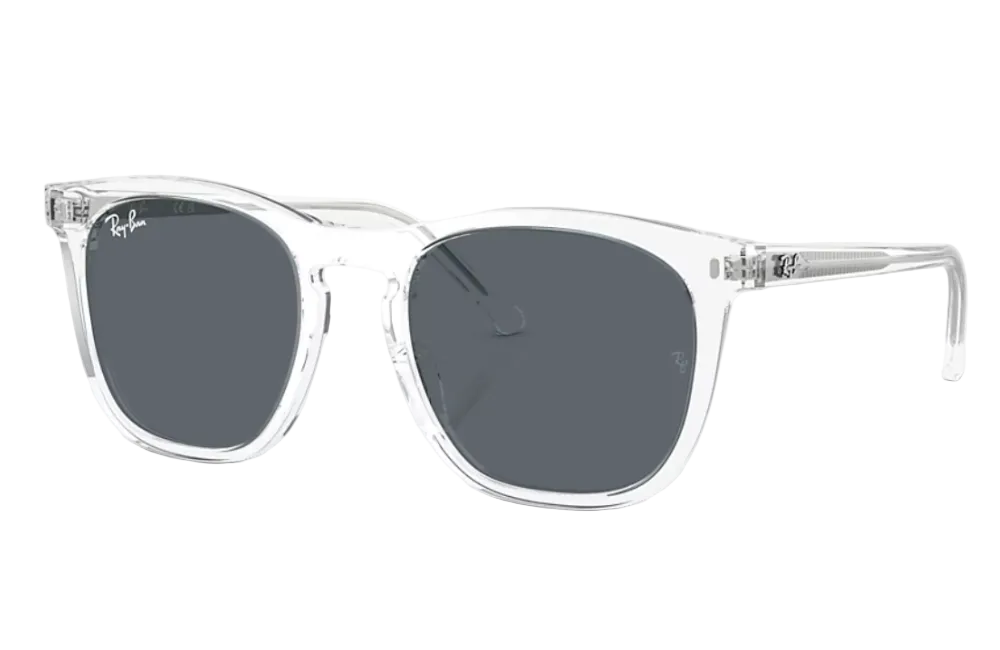 Clear frame sunglasses with dark lenses on a white background