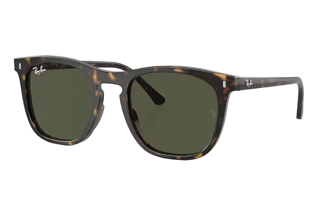 Sunglasses with tortoiseshell frame and dark lenses on a white background