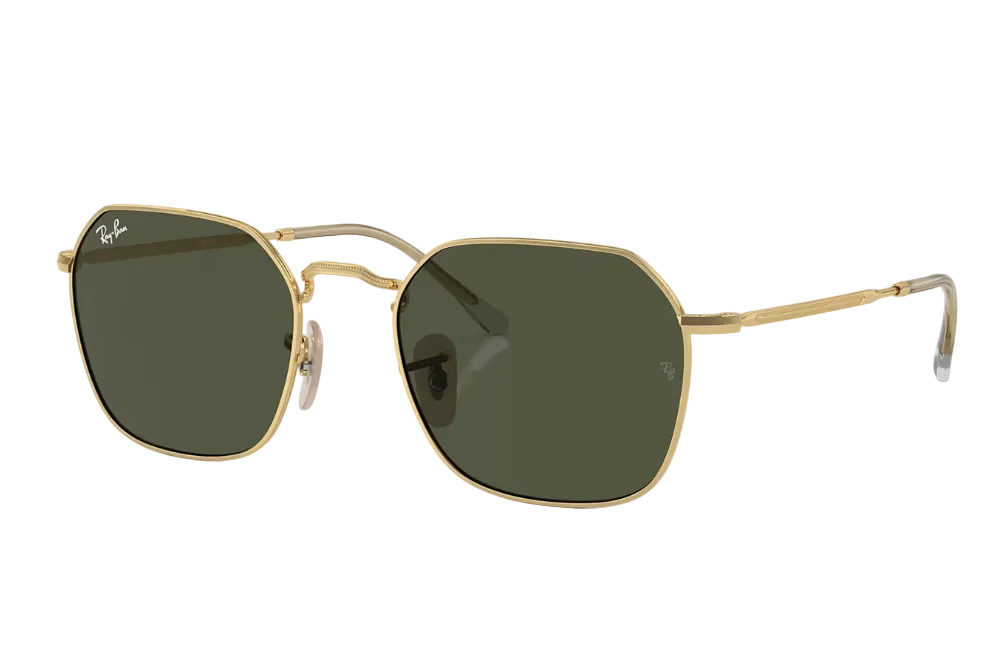 Gold-framed sunglasses with green lenses on a white background