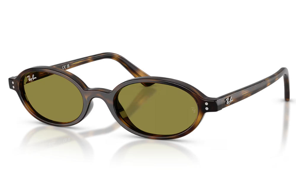 Ray-Ban sunglasses with oval green-tinted lenses and a dark brown tortoiseshell frame