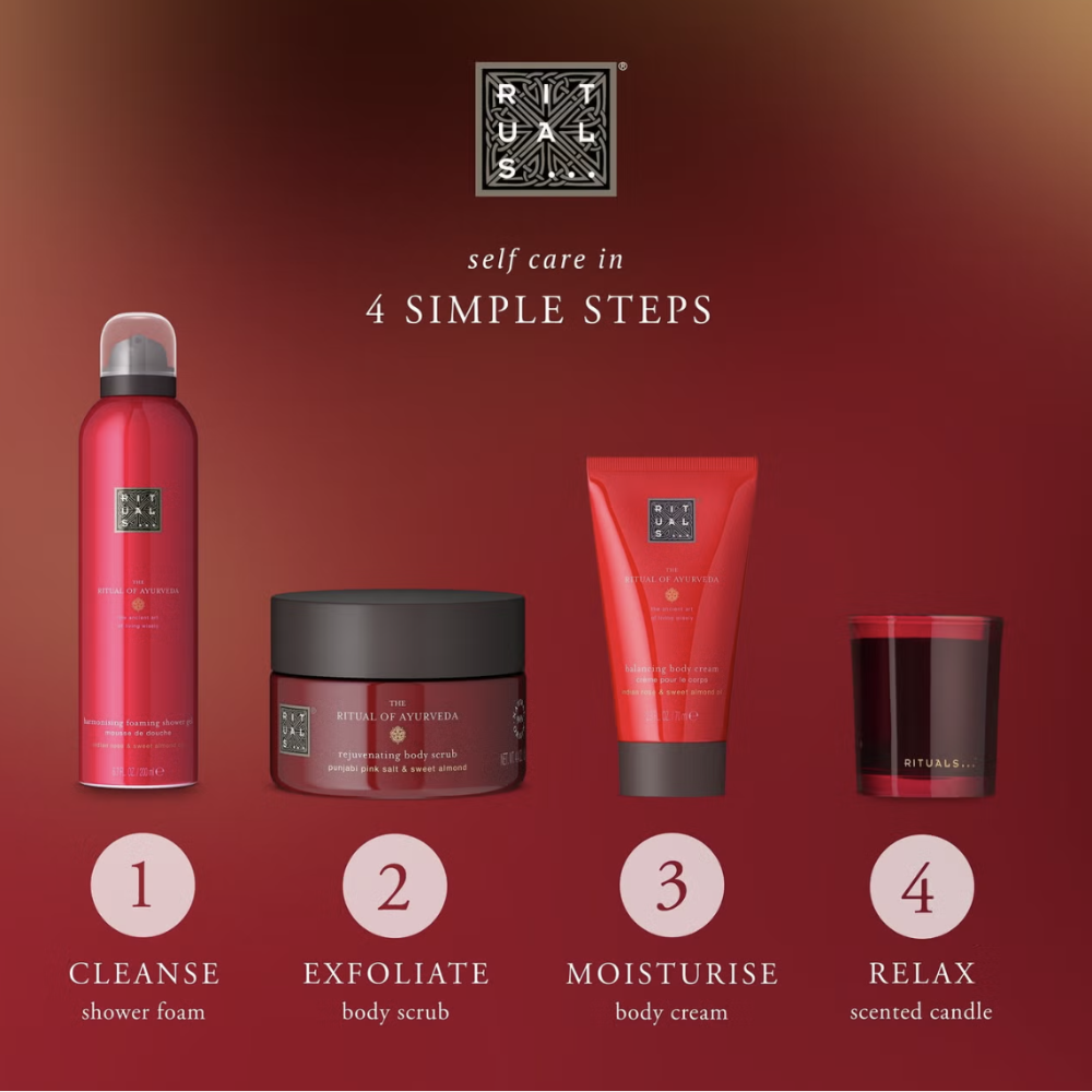 Rituals self-care products with step-by-step guide on a red background