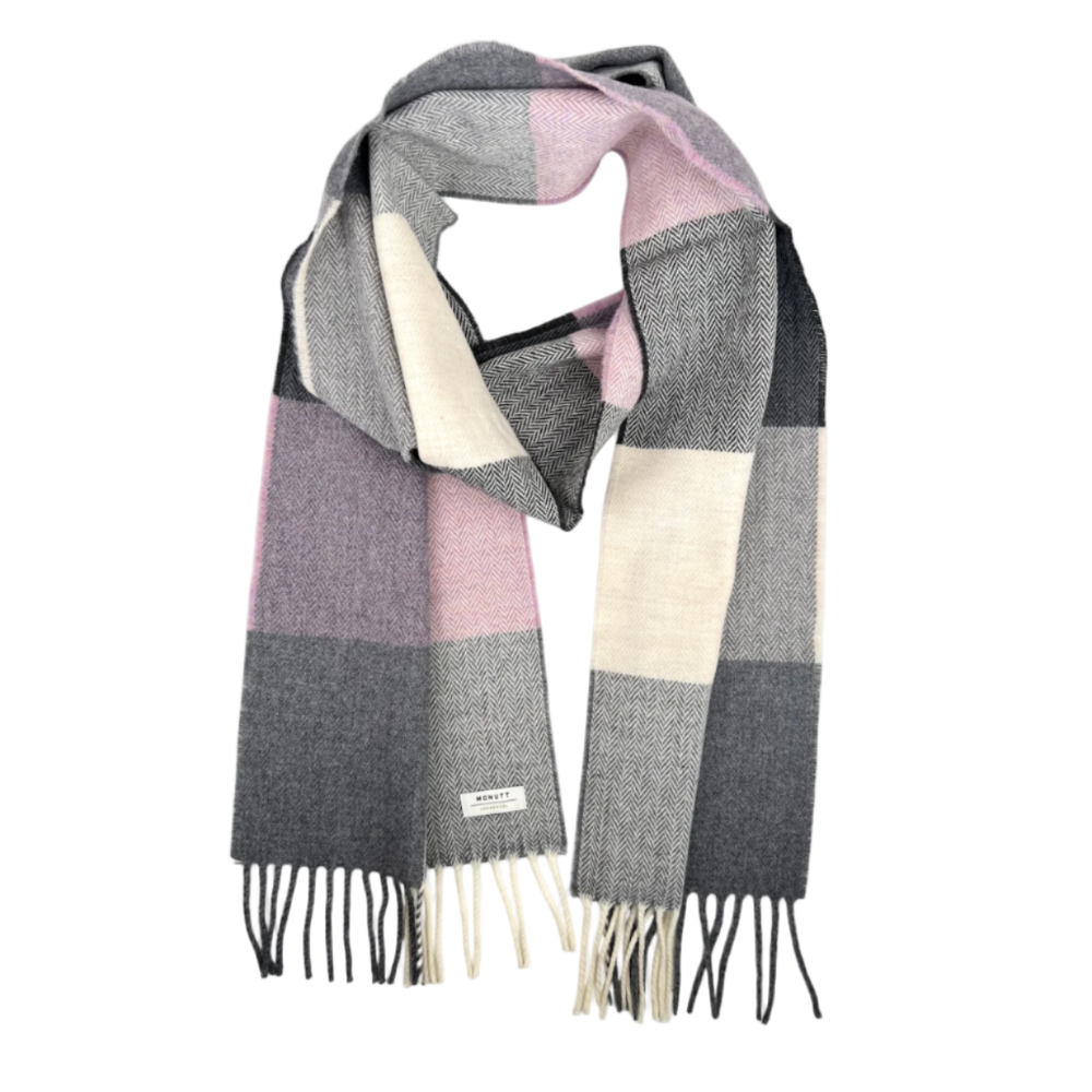 Checkered scarf with gray, pink, and white colors on a white background