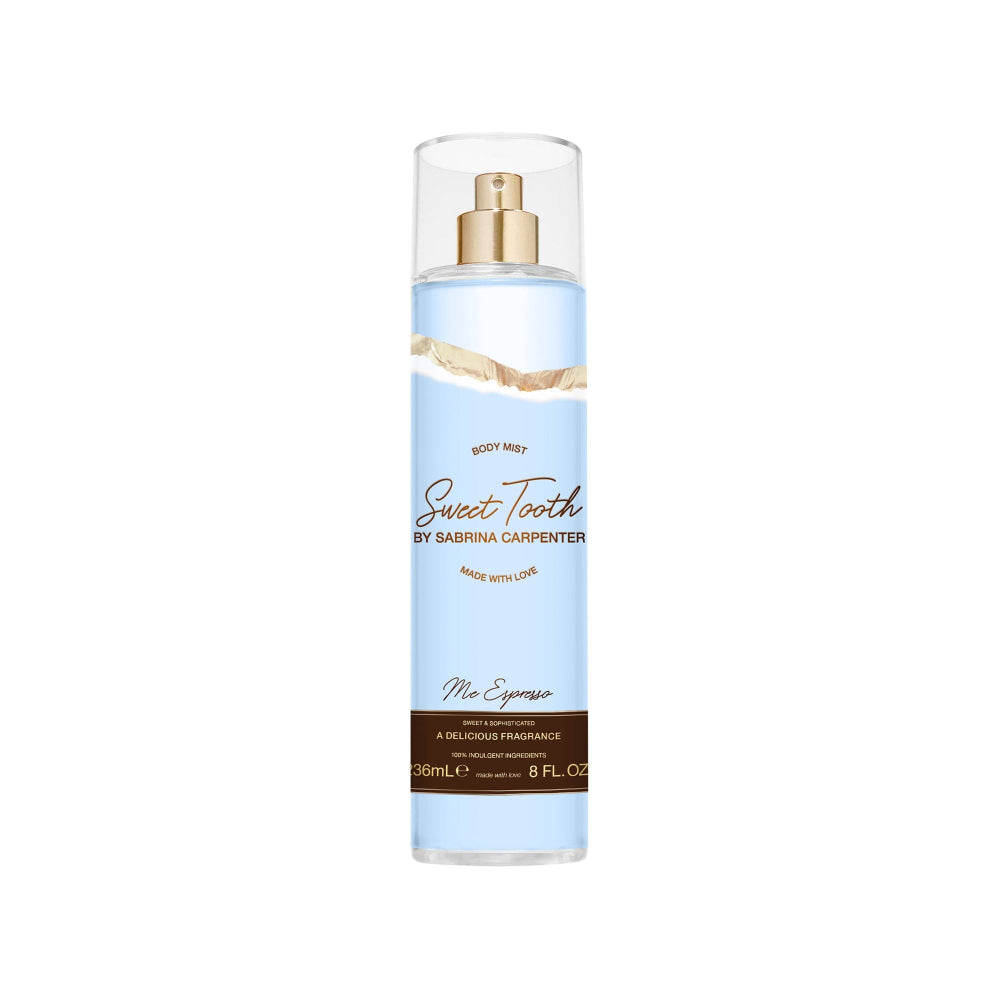 Body mist bottle labeled 'Sweet Tooth' by Sabrina Carpenter on a white background