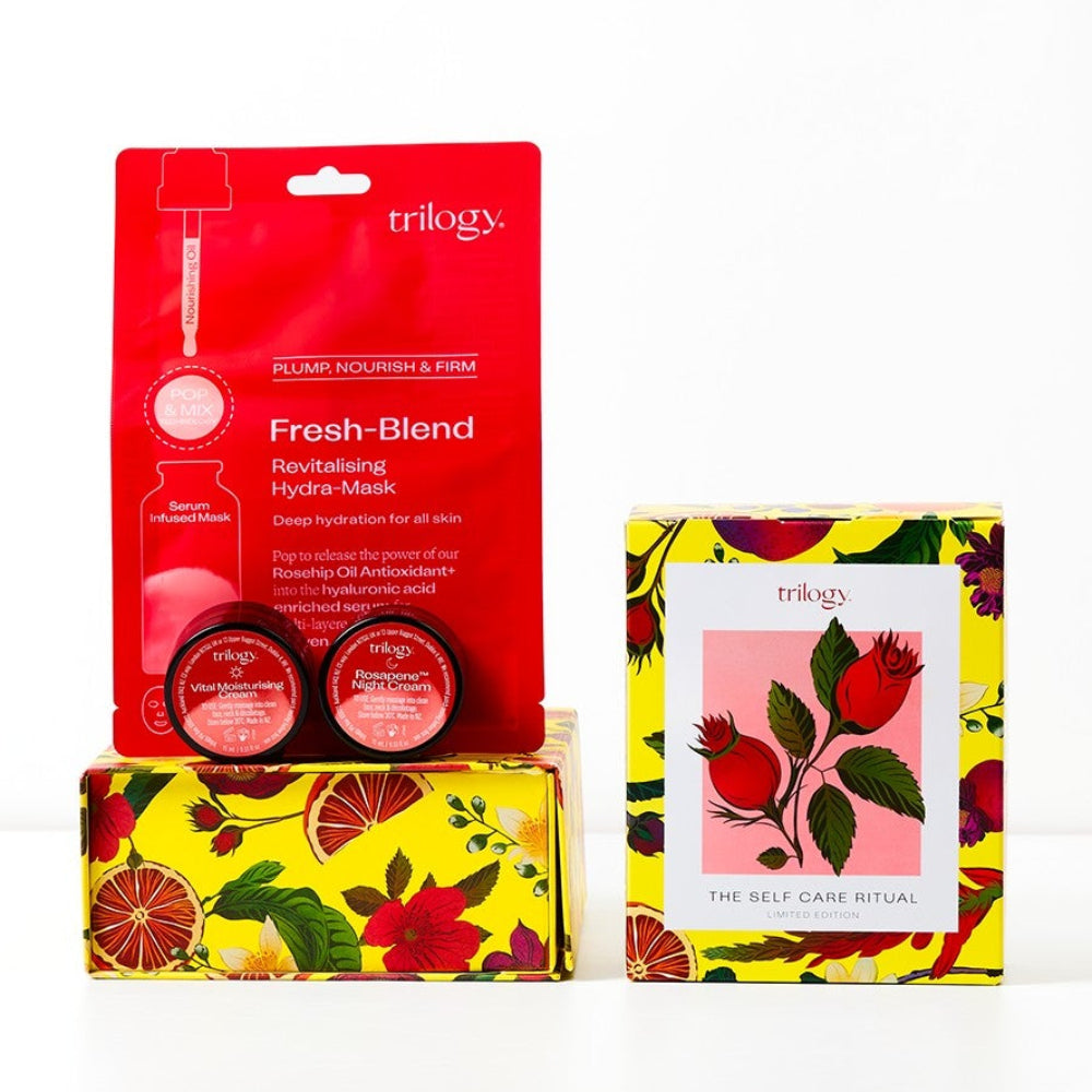 Set of skincare products with colorful packaging on a white background