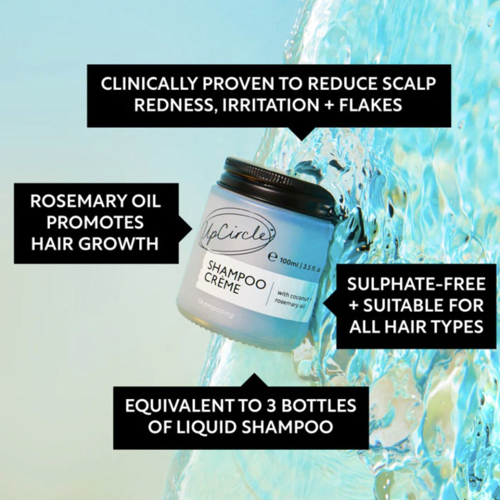Shampoo crème bottle with water splash and text about benefits on a light blue background